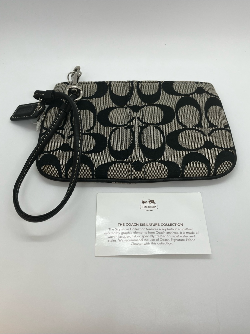 Vtg Coach Signature Skinny Wristlet Wallet Black & Grey Fabric w Black Leather